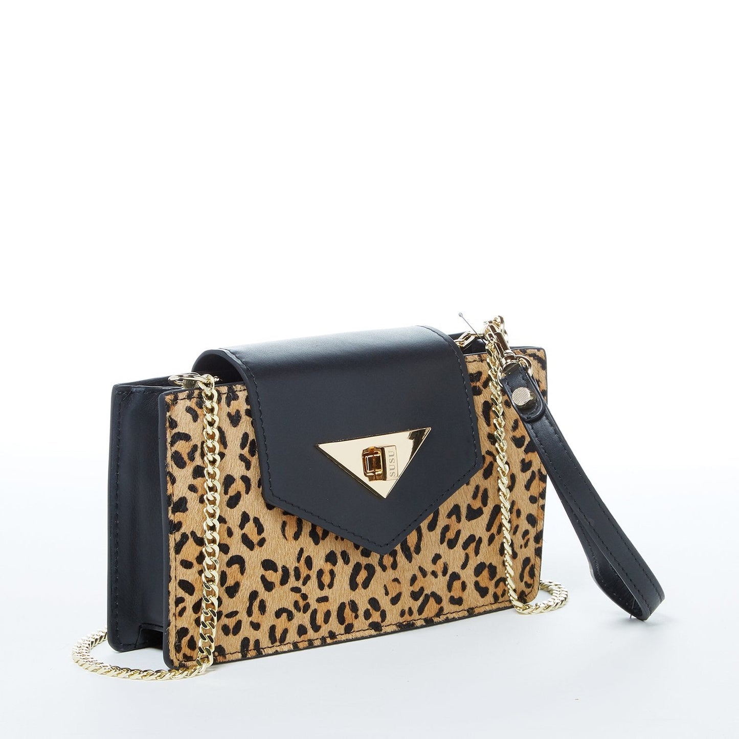 Mary Black Leopard Mini Leather Wristlet