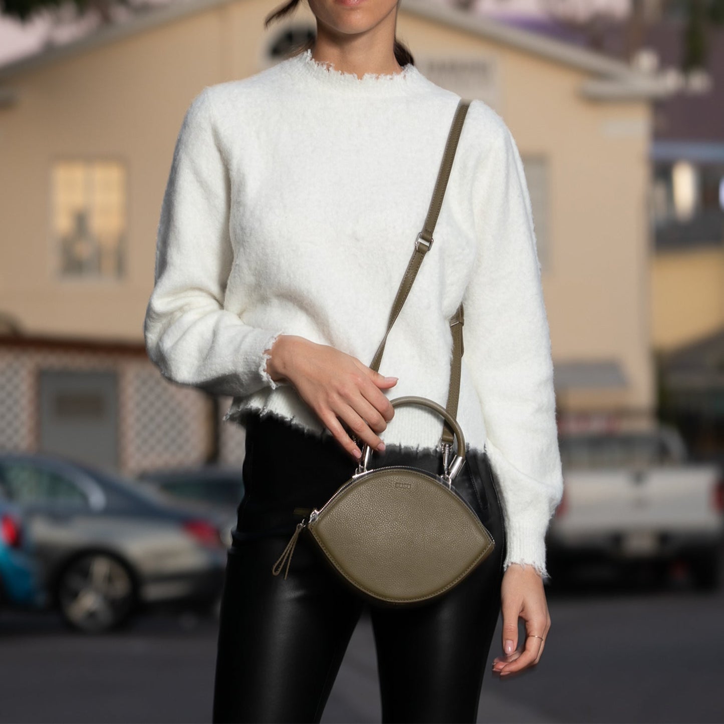 Kiss Olive Green Circle Leather Crossbody Bag