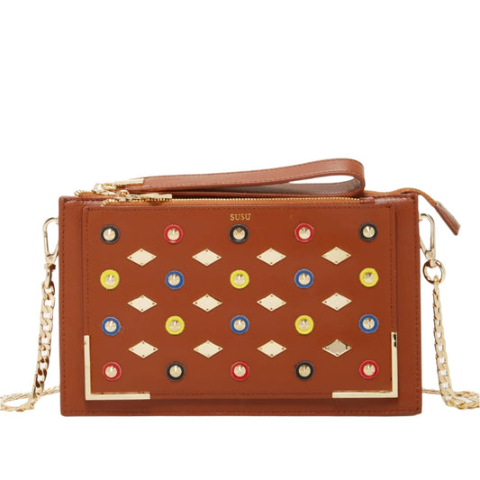 Brown Studded Crossbody Clutch