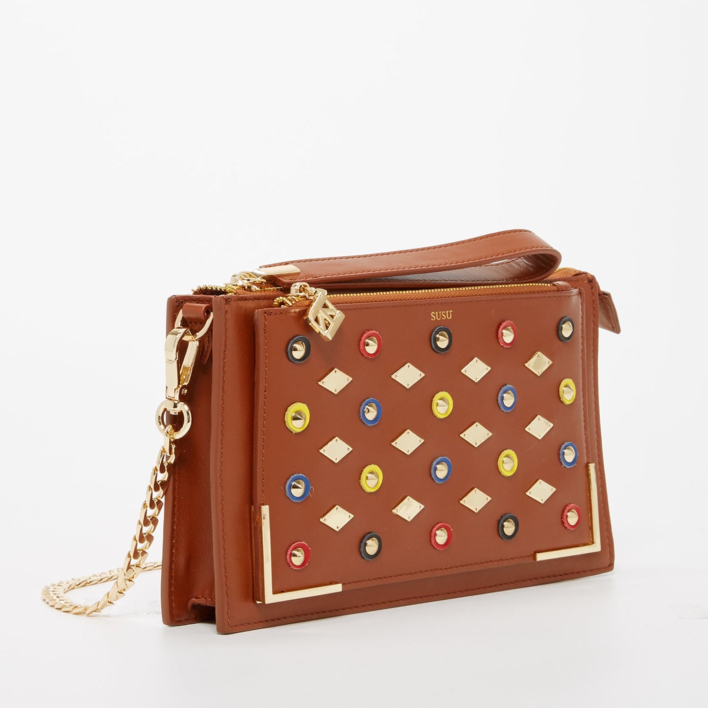 Brown Studded Crossbody Clutch