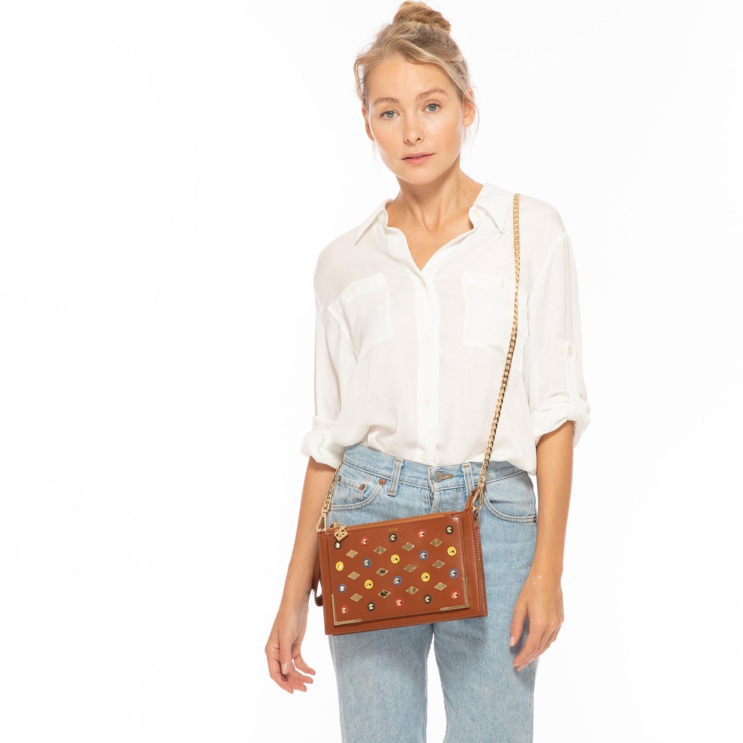 Brown Studded Crossbody Clutch