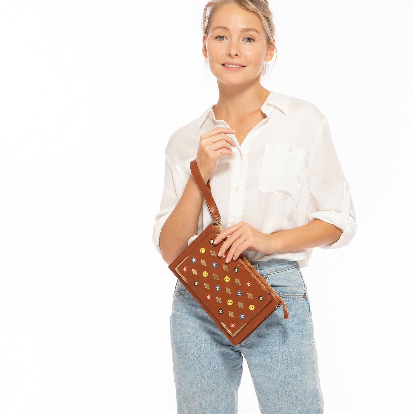 Brown Studded Crossbody Clutch
